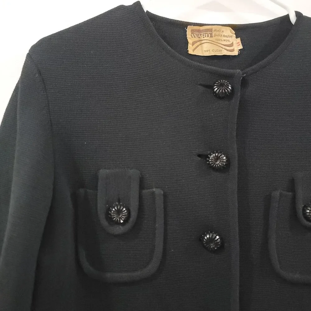 Vintage Montgomery Ward Womens Wool Cardigan‎ Sweater Size 14 Black